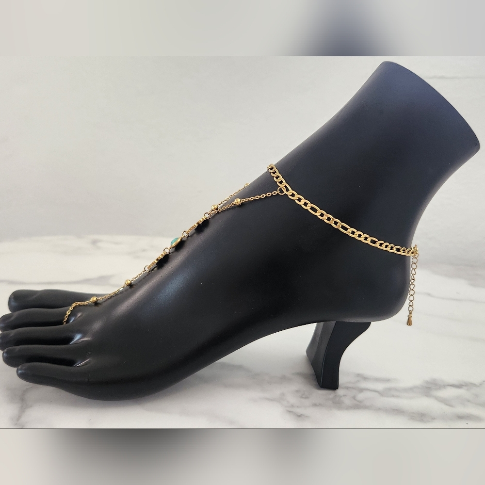 ​Y2K Gold Double Layer Foot Anklet Turquoise Clover Barefoot Chain Sandal - Picture 6 of 12
